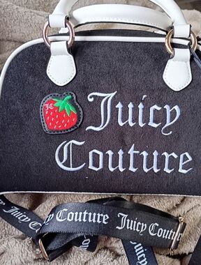 Juicy Couture Black and White Velvet Satchel with Strawberry Patch